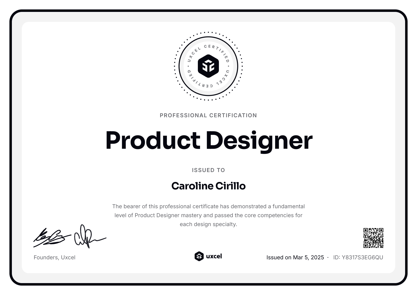 Caroline Cirillo's certificate